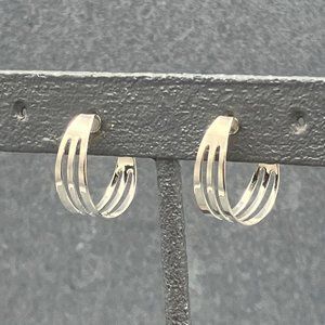 Hoop Pierced Earrings Silver Triple Shiny Simple Classic Retro Granny Soft Girl